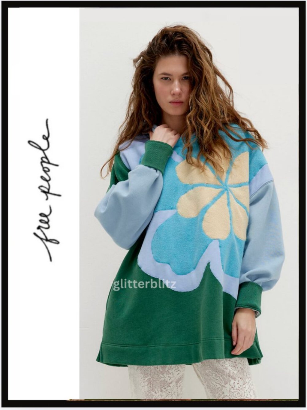 NWT Free People Clover Sweatshirt in Green Combo - XS